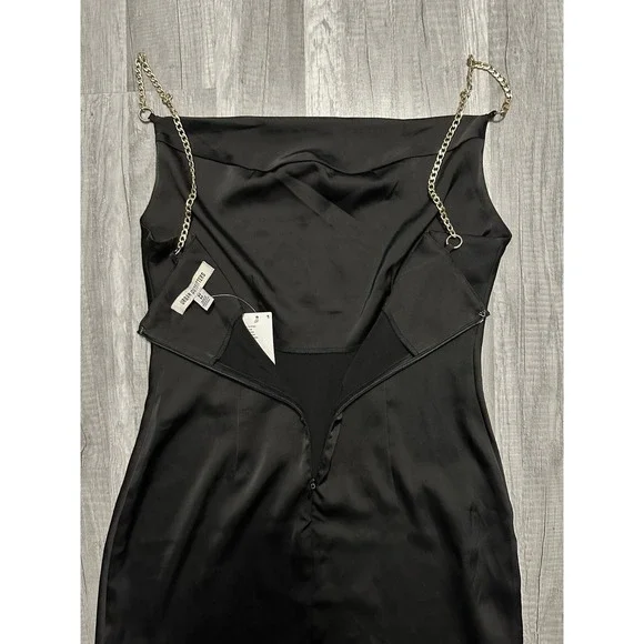 Urban‎ Outfitters Cowl Slip Dress Black Mini Dress Gold Chain Straps Zip Medium - Picture 9 of 12